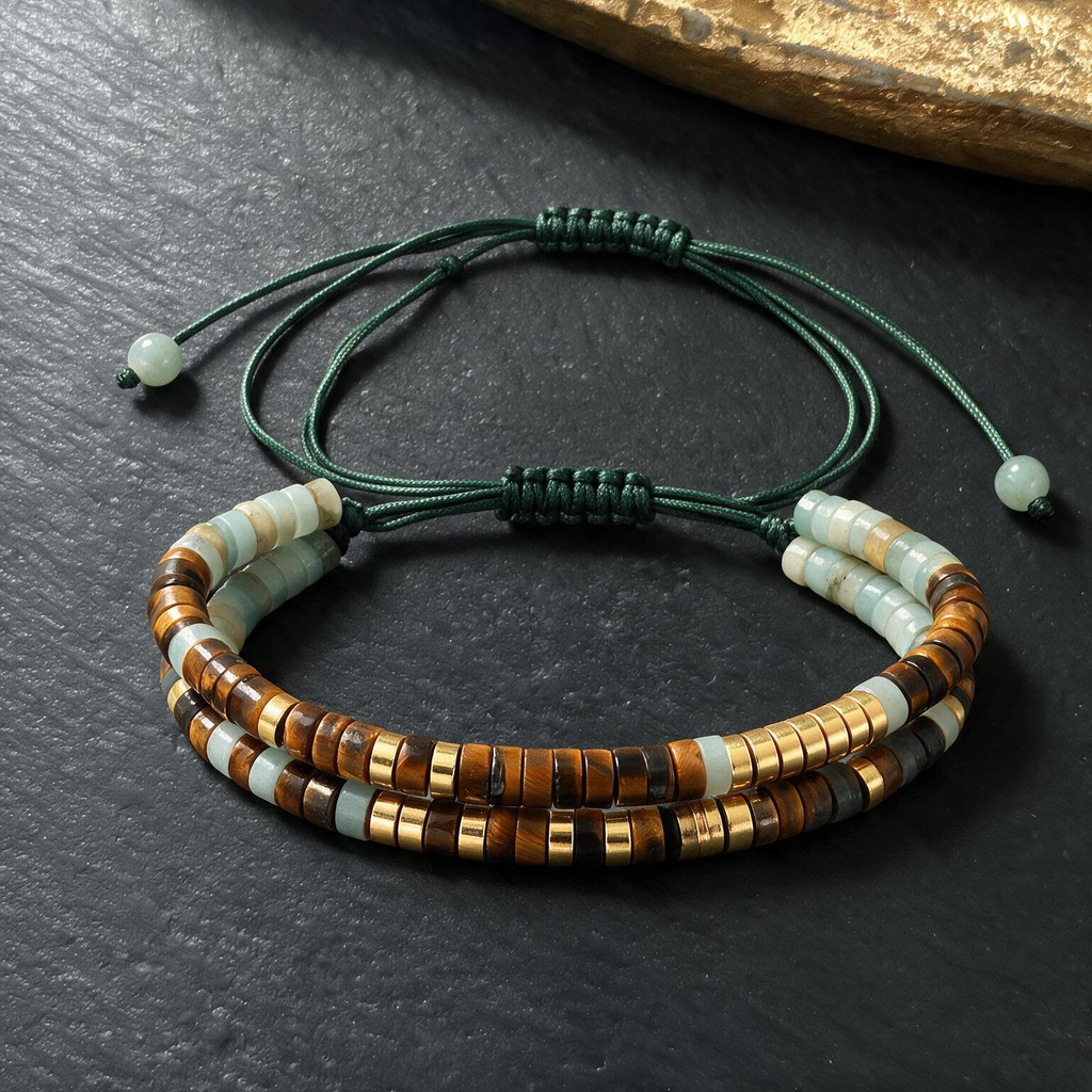 Morse Code Tiger Eye Bracelet | Yellow Flat Beads, Adjustable African Pine Necklace Set