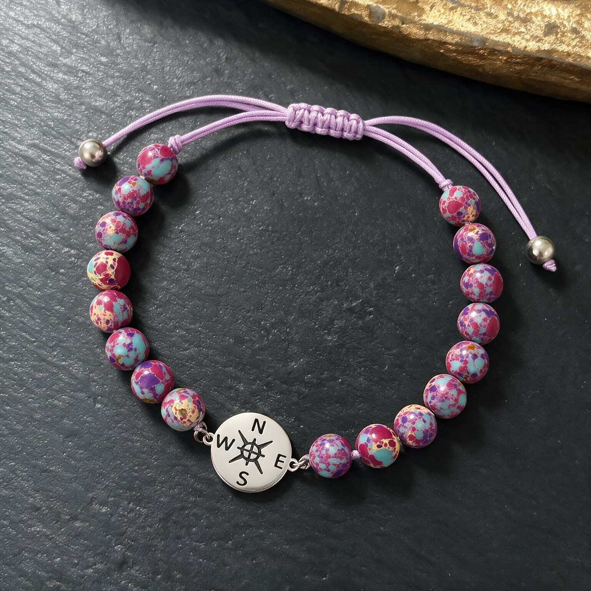 Graduation Compass Bracelet Set - Purple Emerald Beads, Perfect Gift for Classmates & Couples