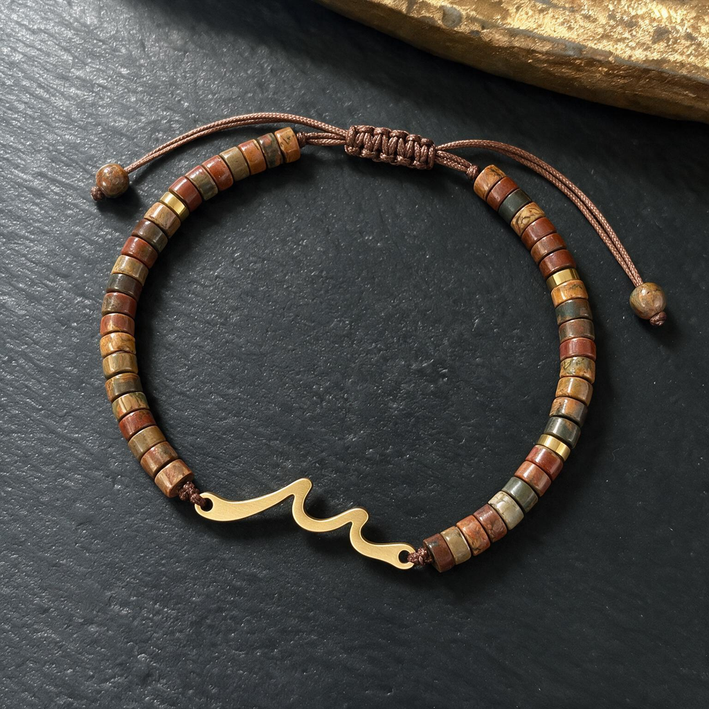 Wave-Woven Flat Bead Bracelet | Natural Abacus Stone, Adjustable Design