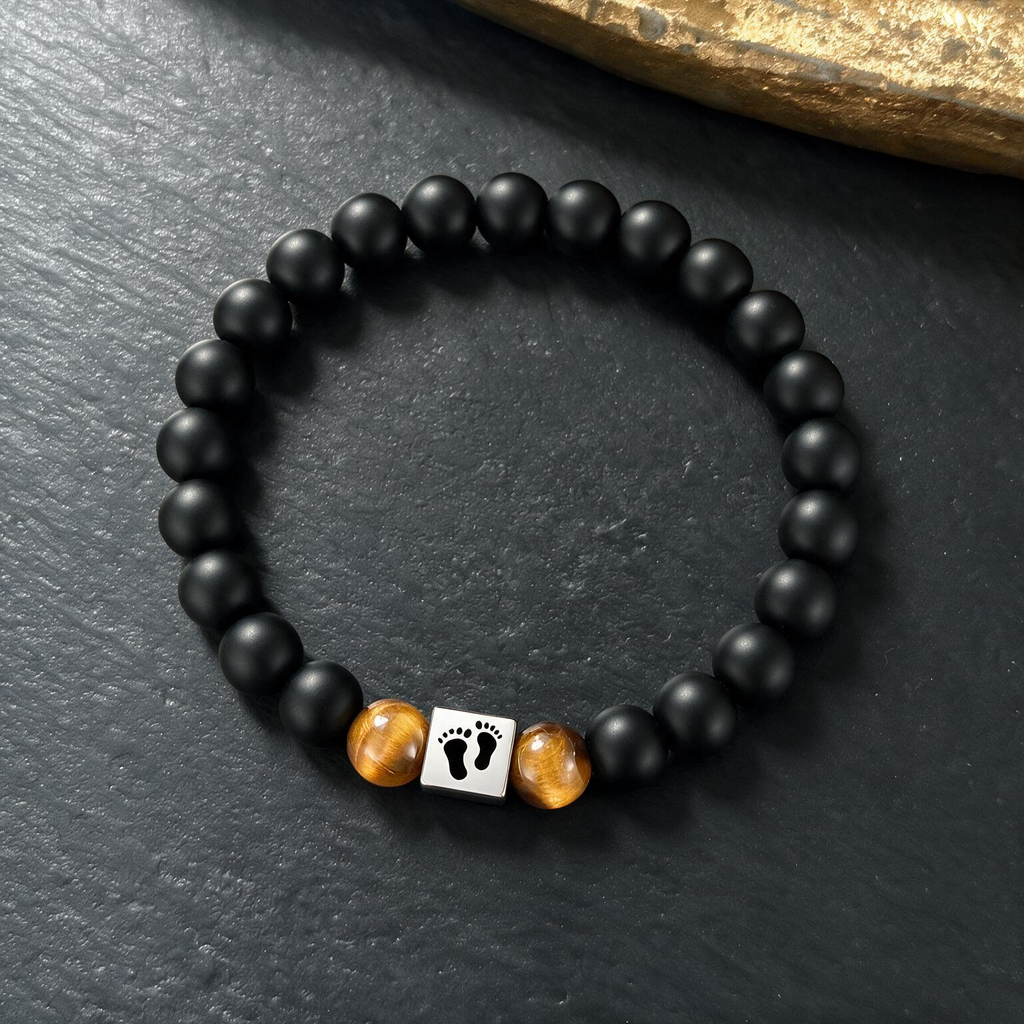 Father's Day Tiger Eye Bracelet - Foot Cross Pendant & Laser-Engraved Steel Square Block