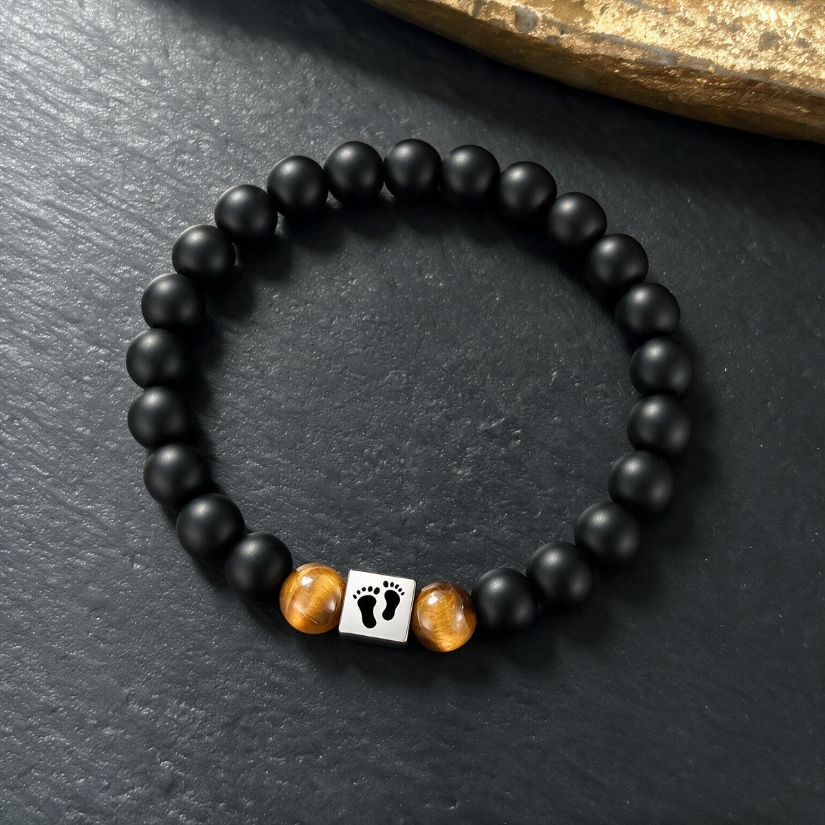 Father's Day Tiger Eye Bracelet - Foot Cross Pendant & Laser-Engraved Steel Square Block