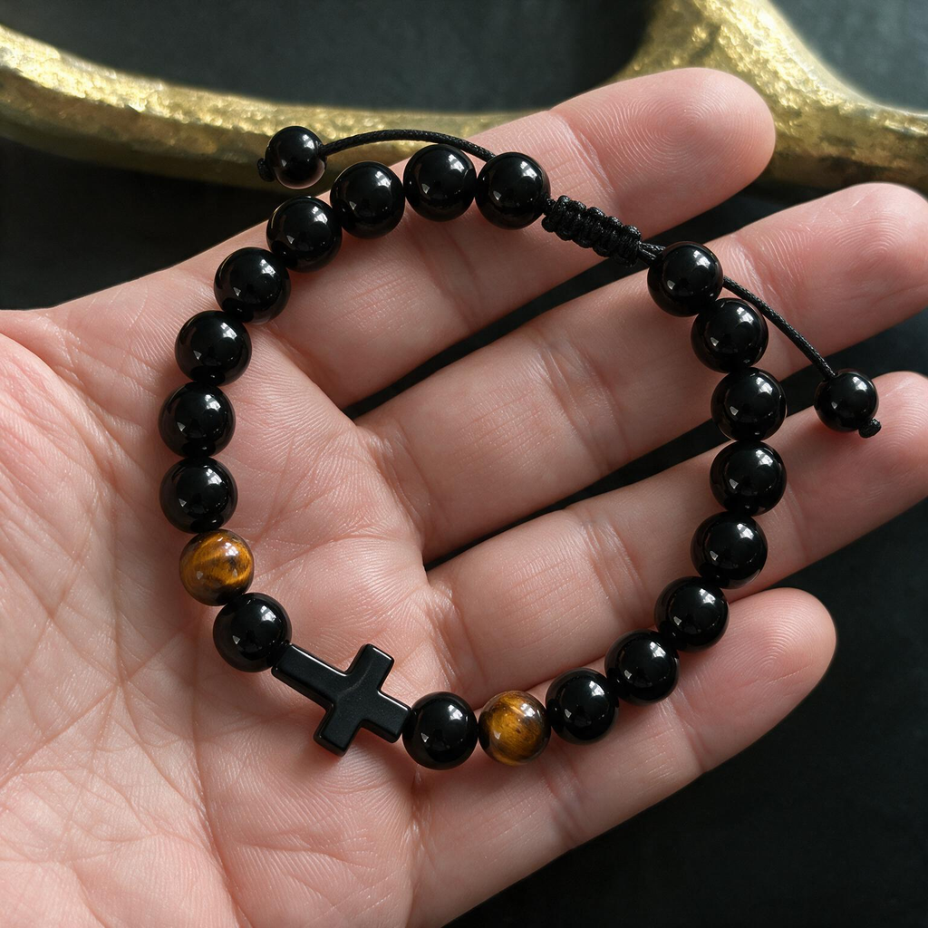 Cross-Shaped Tiger Eye Bracelet - Black Frosted Stone with Adjustable Cord