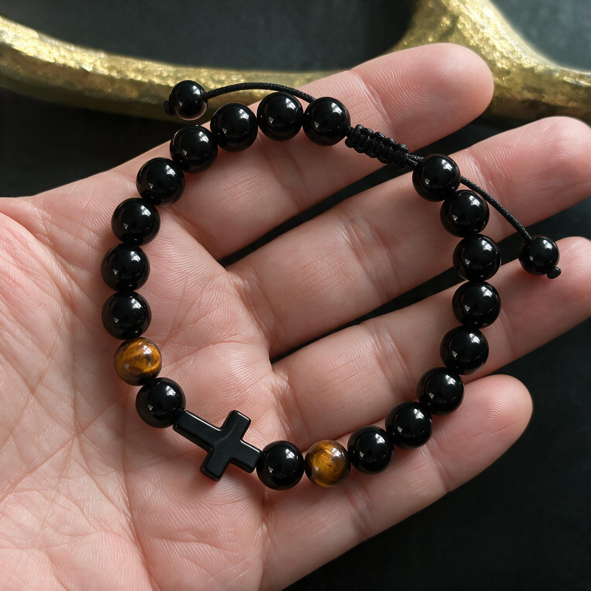 Cross-Shaped Tiger Eye Bracelet - Black Frosted Stone with Adjustable Cord