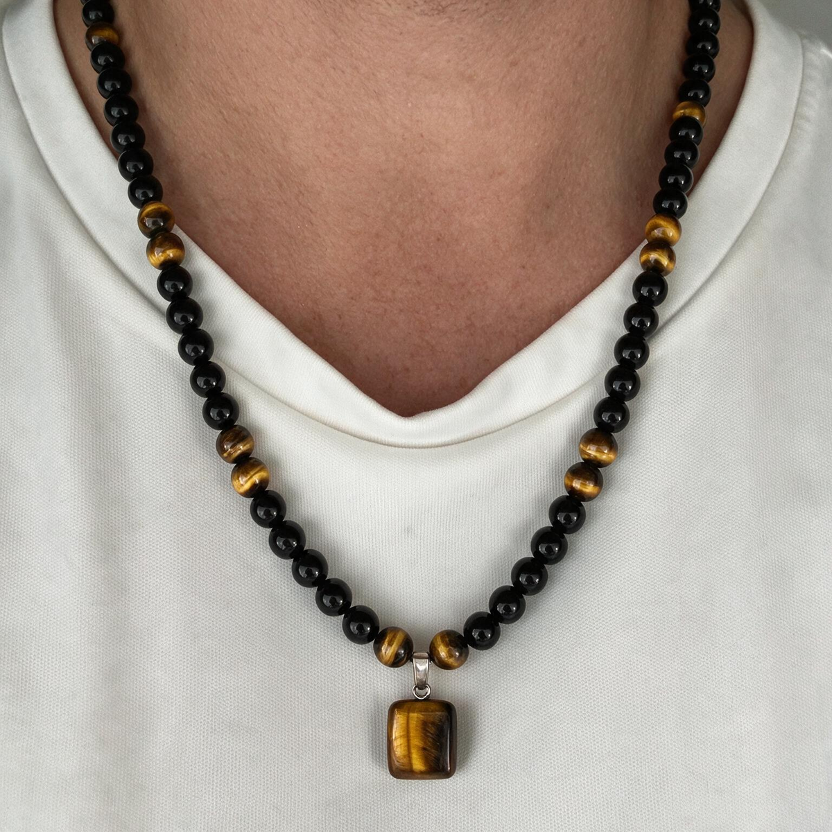 Tiger Eye Obsidian Pendant Necklace | Green Aventurine & Tiger Eye Beaded Chain