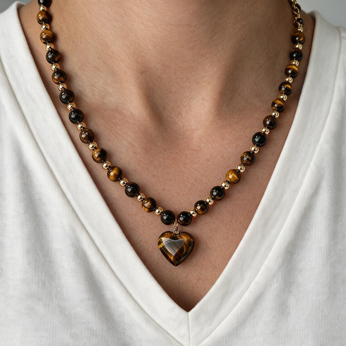 Maillard Style Tiger Eye Necklace | Heart Pendant Collarbone Chain for Women