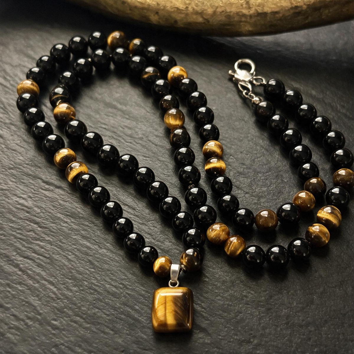 Tiger Eye Obsidian Pendant Necklace | Green Aventurine & Tiger Eye Beaded Chain