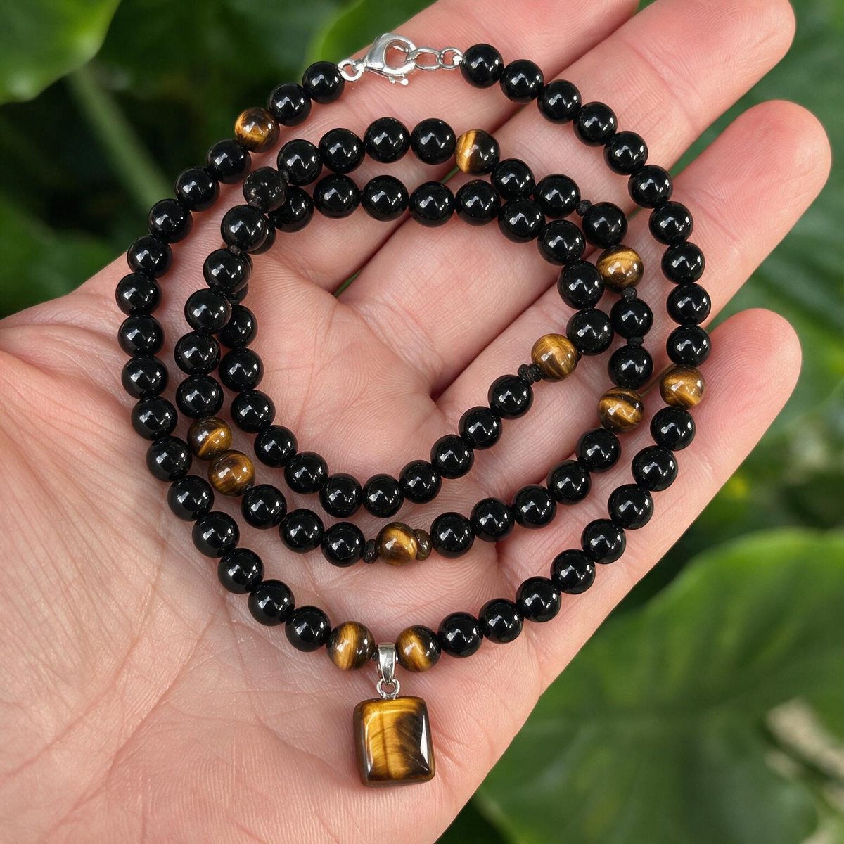 Tiger Eye Obsidian Pendant Necklace | Green Aventurine & Tiger Eye Beaded Chain