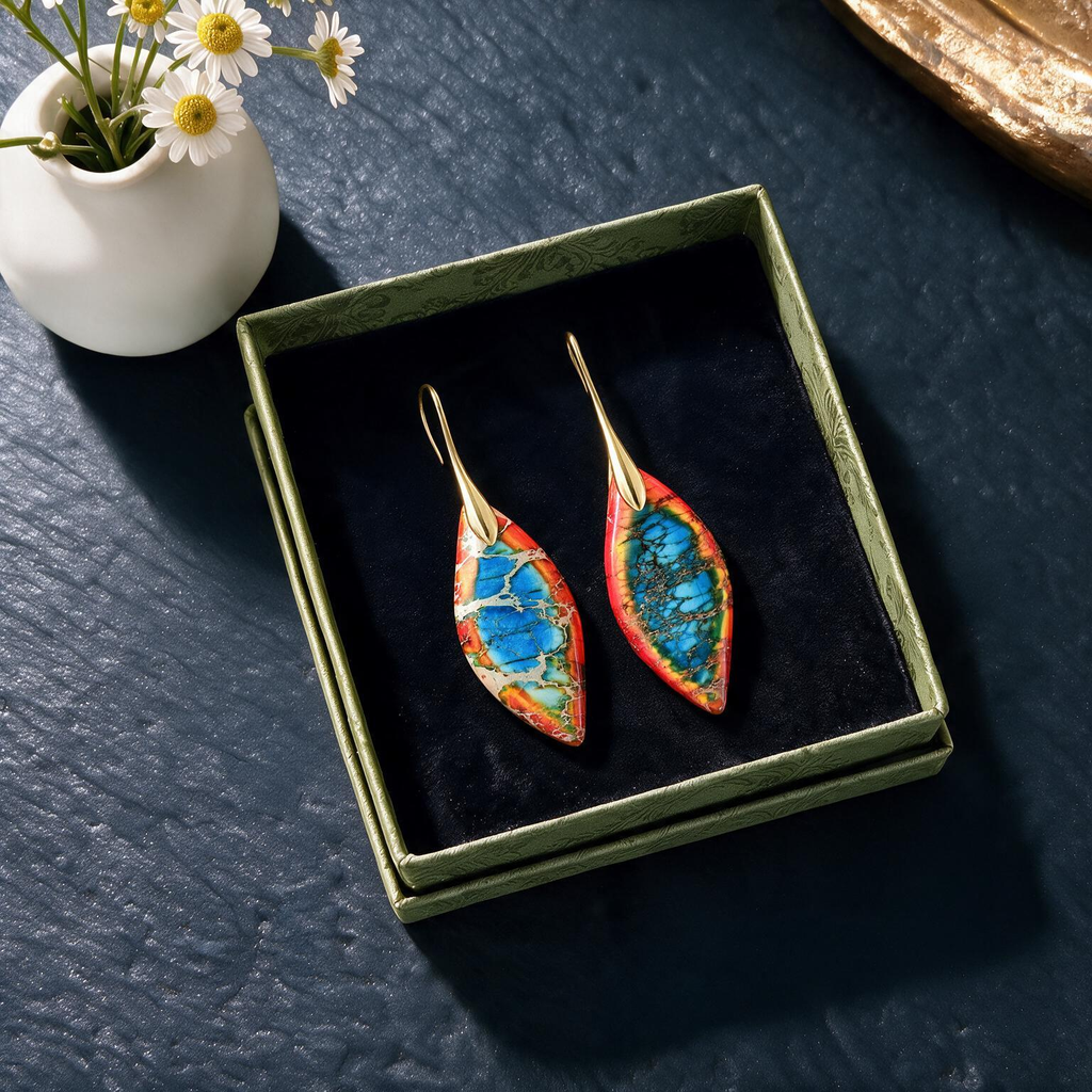 Royal Bohemian Leaf Drop Earrings – Emperor Stone Pendant Design