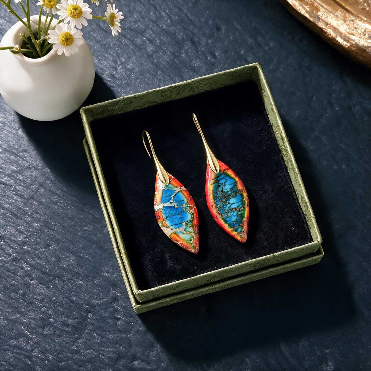 Royal Bohemian Leaf Drop Earrings – Emperor Stone Pendant Design