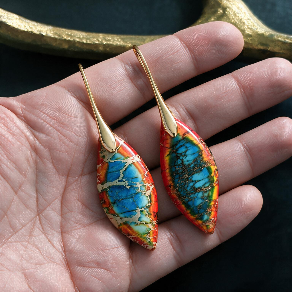 Royal Bohemian Leaf Drop Earrings – Emperor Stone Pendant Design