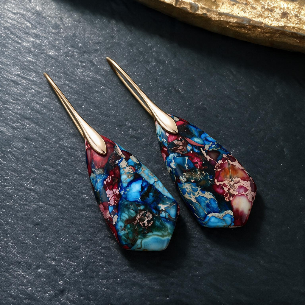Multi-Color Emperor Stone Geometric Drop Earrings – Statement Pendant Design