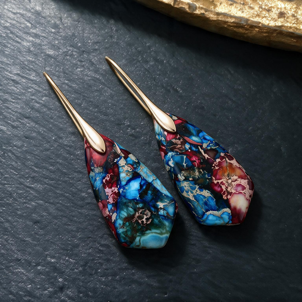 Multi-Color Emperor Stone Geometric Drop Earrings – Statement Pendant Design