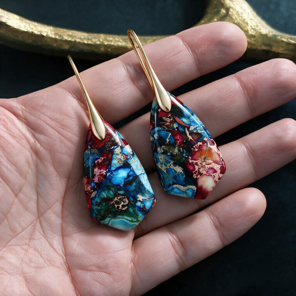 Multi-Color Emperor Stone Geometric Drop Earrings – Statement Pendant Design
