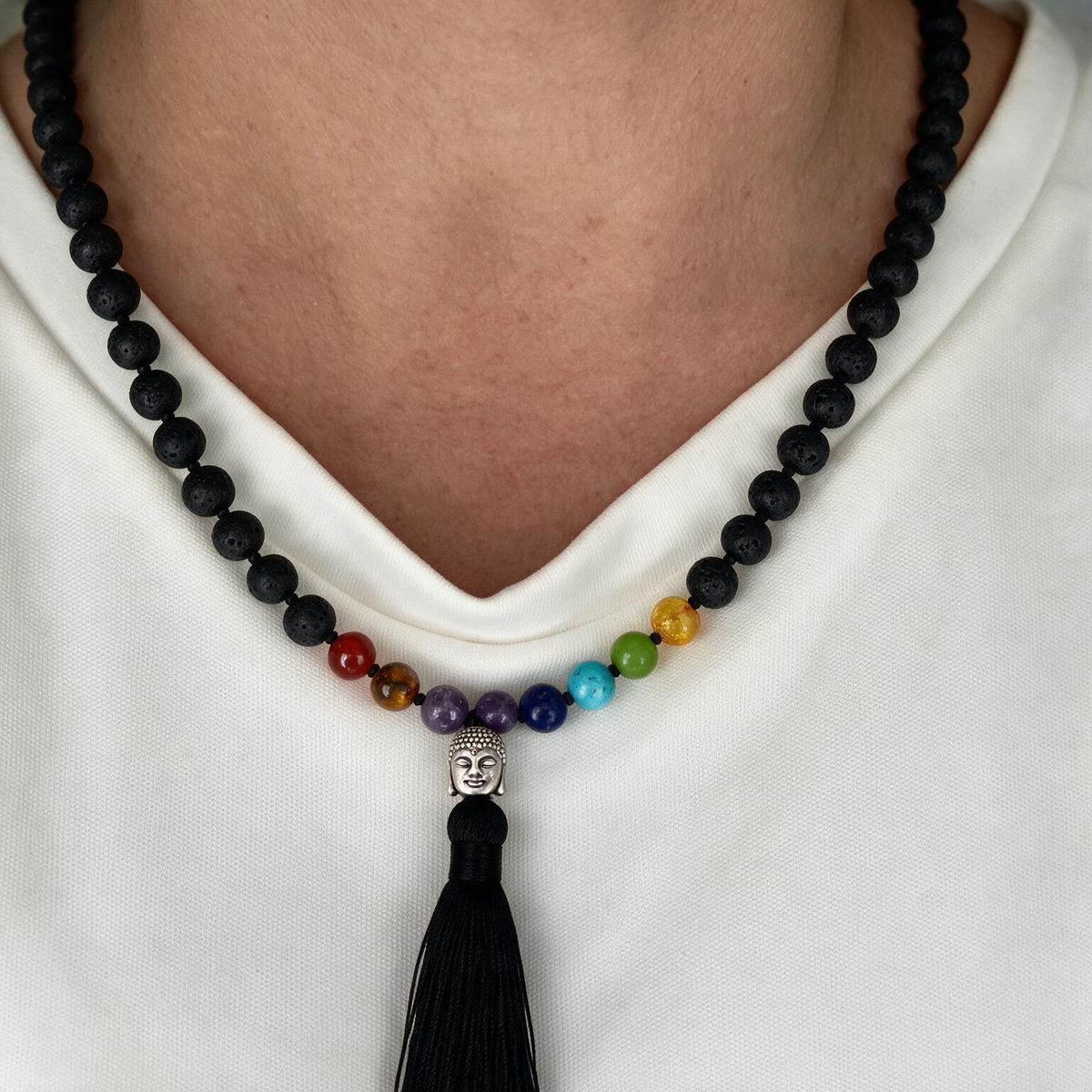 Hand-Knotted Lava Stone 108 Mala Necklace – 8mm Natural Stone Tassel Jewelry