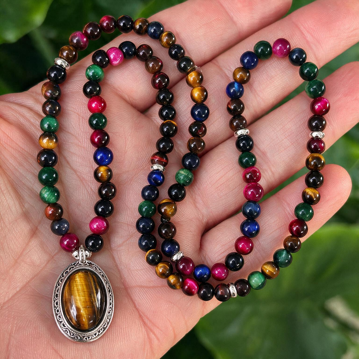 6mm Colorful Tiger's Eye 108 Mala Necklace – Natural Stone Meditation Jewelry